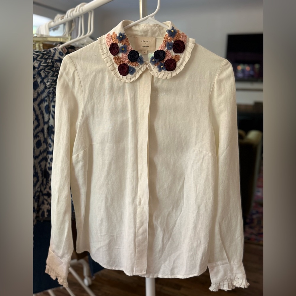 Sezane x Manoush NWOT Cream Blouse with Floral Collar